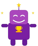 Friendly robot with a trophy and stars, representing confidence