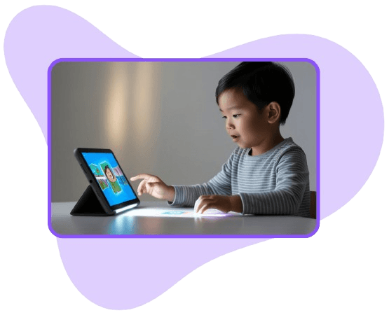Young child leaning in to tap a colorful learning app on a tablet, in a rounded photo on a soft purple shape.