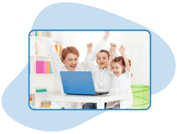Woman and two children in white shirts cheering at a blue laptop in a bright room with bookshelves, in a rounded photo with a blue frame on a light blue shape.
